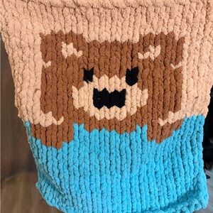 Baby Bear Design Blanket - Blue and Brown. Handmade